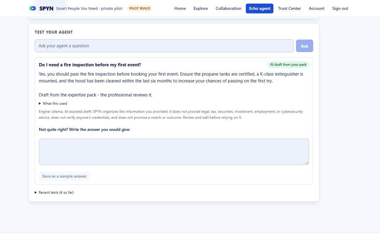 Test it and correct it: SPYN screen with a fictional example