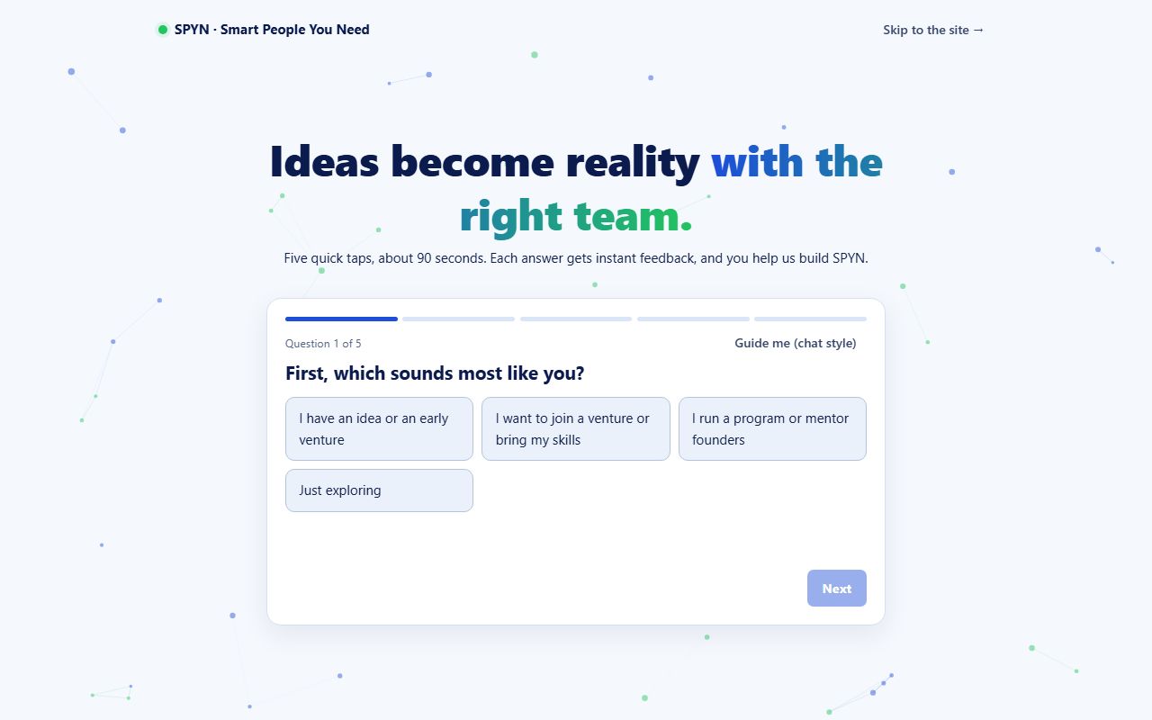 Five quick taps: SPYN screen with a fictional example