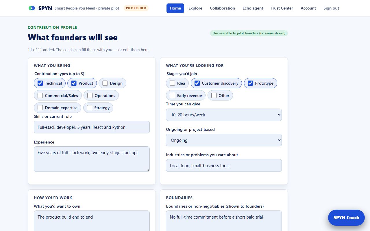 Your contribution profile: SPYN screen with a fictional example