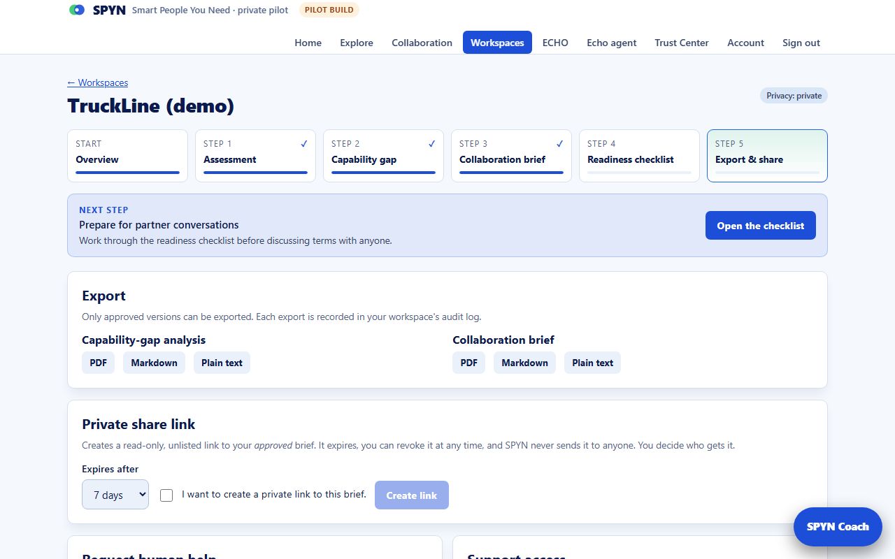 Export or share privately: SPYN screen with a fictional example